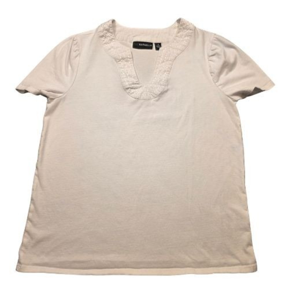 Rafaella Womens S White Short Sleeve Split Neck Eyelet Trim 100% Cotton Casual